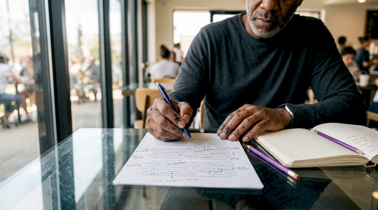 Hands marking printed draft with AI feedback