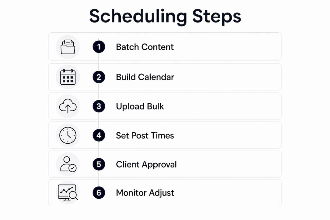Infographic showing 6 step LinkedIn post scheduling process