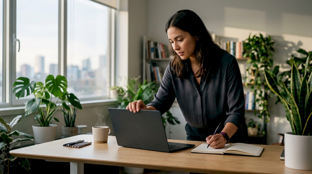Startup founder working on LinkedIn profile at dawn