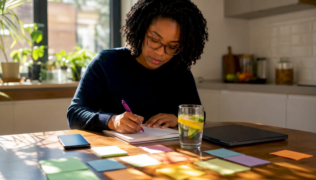 Person writing post ideas at home desk
