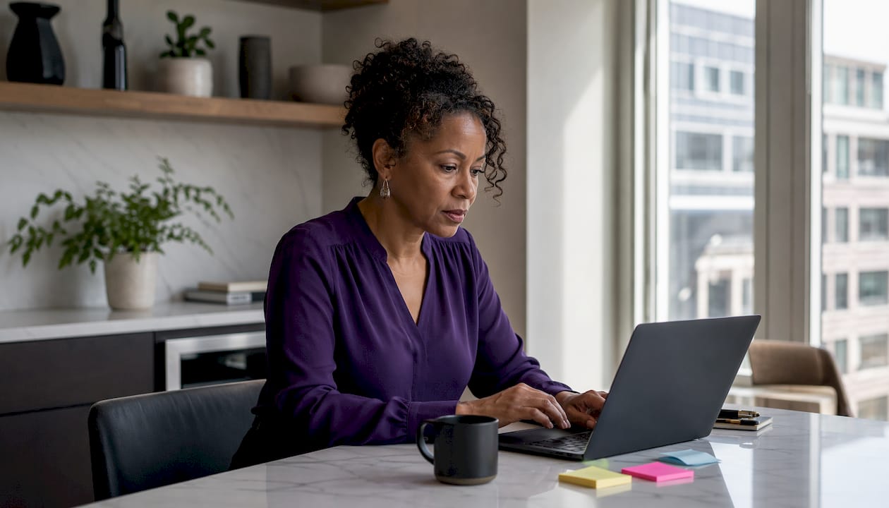 Female executive typing LinkedIn post at home office