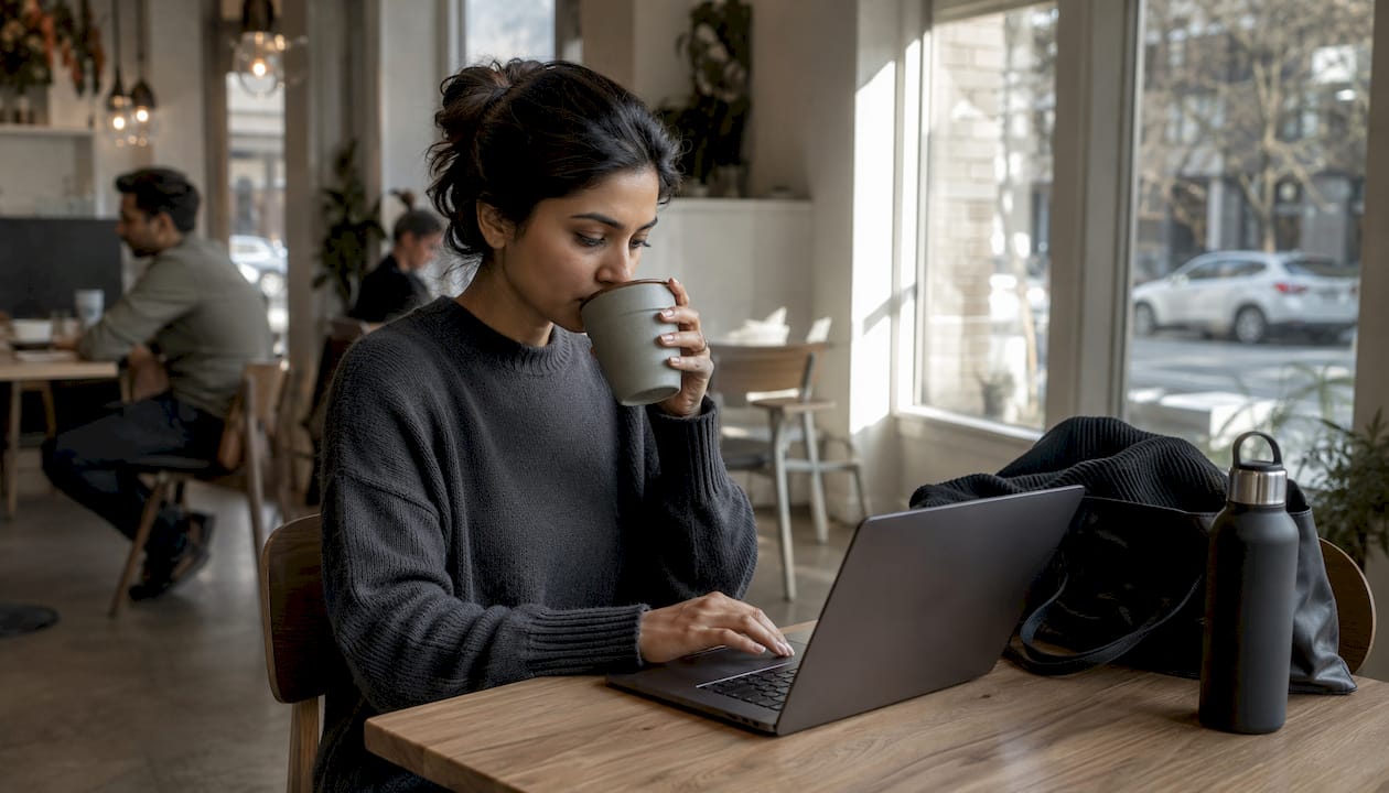 Female solo professional working on LinkedIn at home
