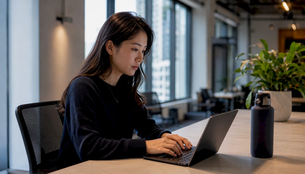 Hands typing and engaging with LinkedIn posts in café