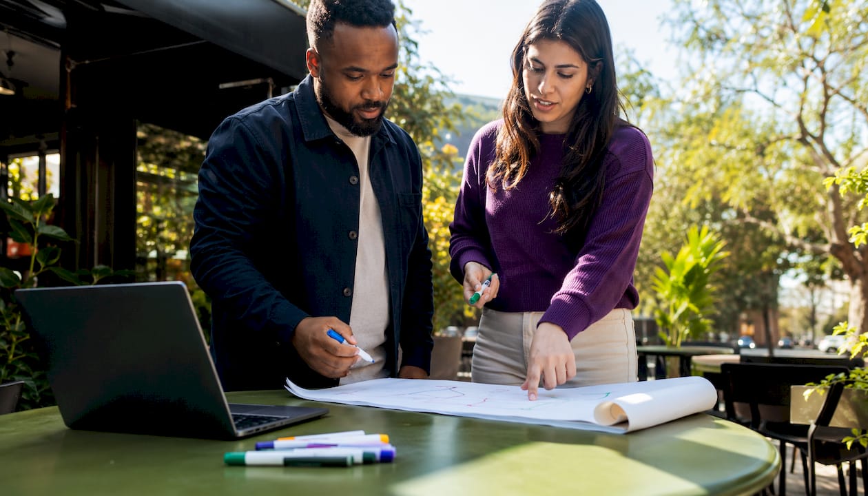 Two professionals planning LinkedIn content pillars