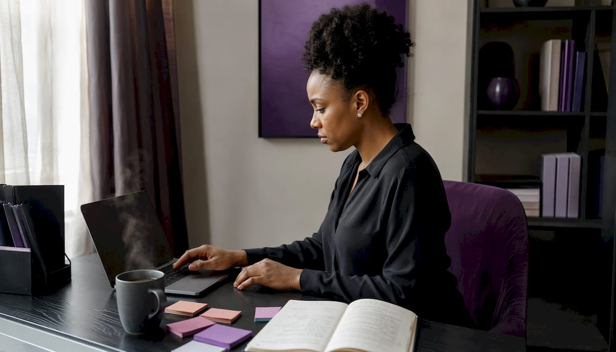 Woman typing on laptop in home office
