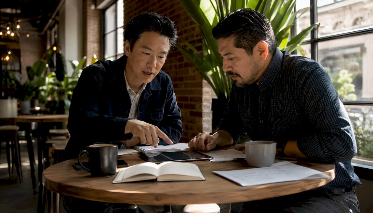 Two men discussing content strategies in meeting room