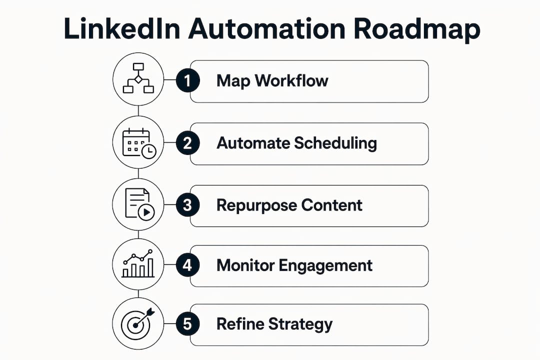 Infographic showing steps of LinkedIn content automation roadmap
