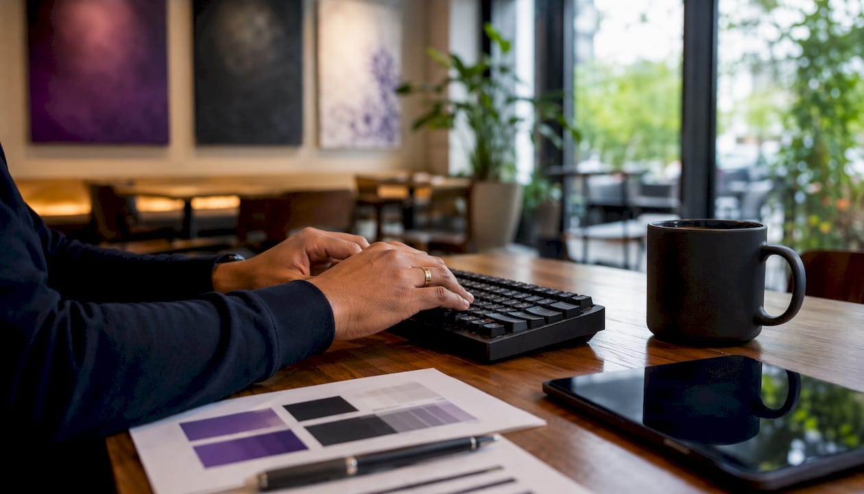Hands typing to maintain voice in AI workflow