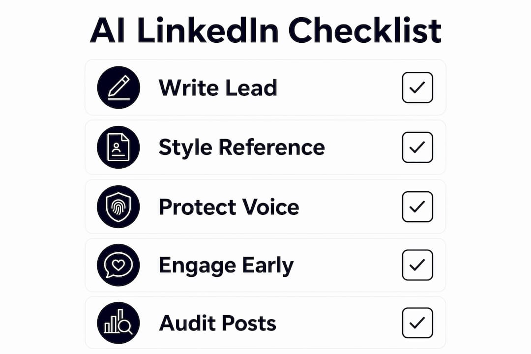 Infographic illustrating five-step checklist for AI-assisted LinkedIn posts