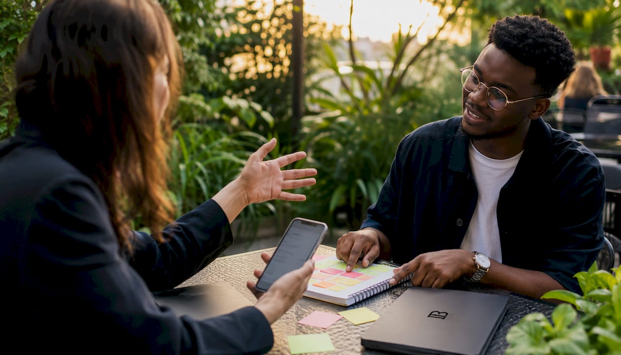 Hands collaborating on Slack-based social post ideas