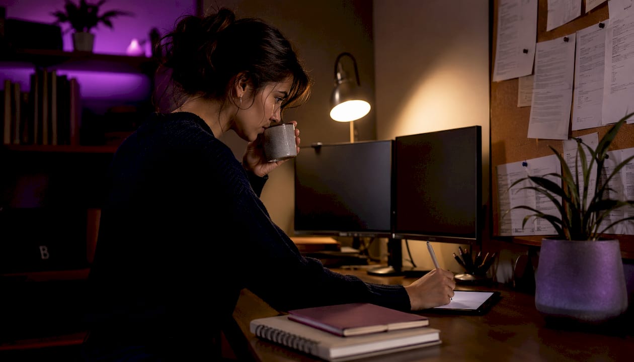 Engineer reviewing GitHub and Slack data at desk