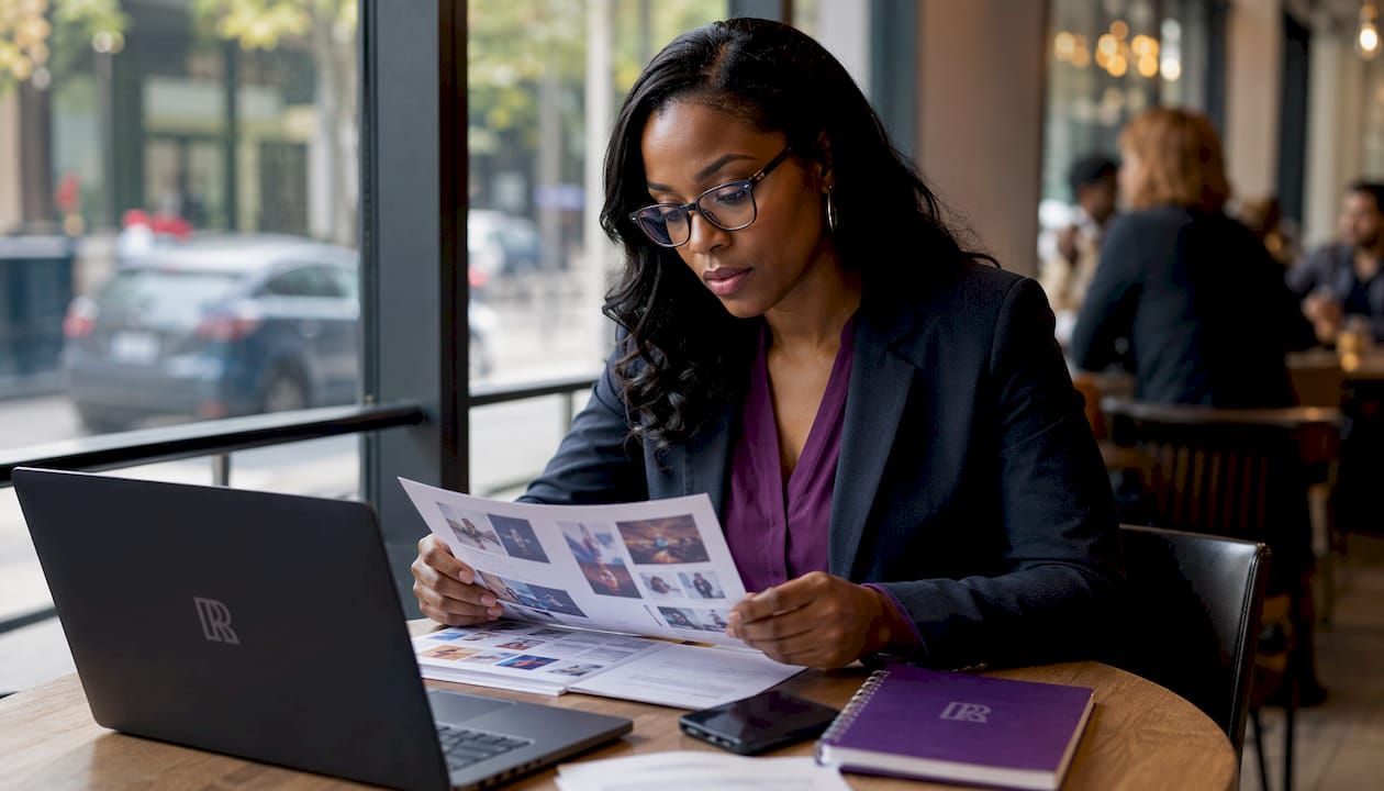 Woman reviewing LinkedIn content drafts at desk