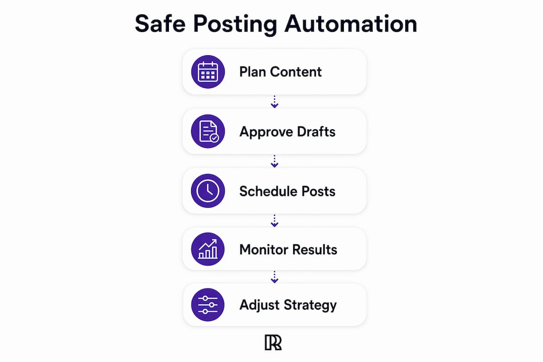 Infographic outlining safe posting automation steps