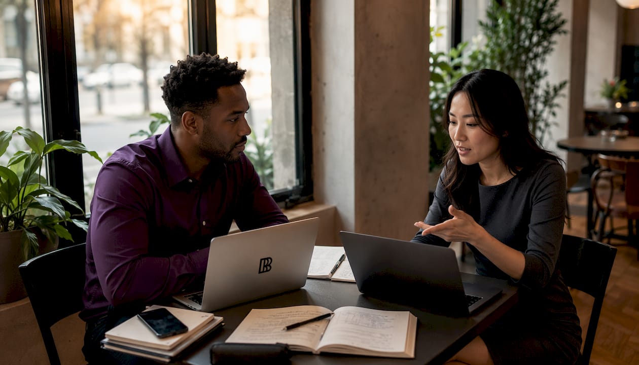 Two colleagues collaborating on scheduling workflow