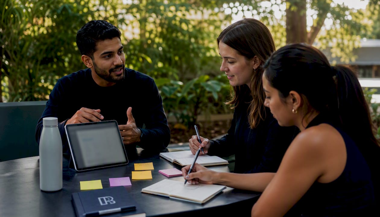 Team collaborating on social media scheduling in office