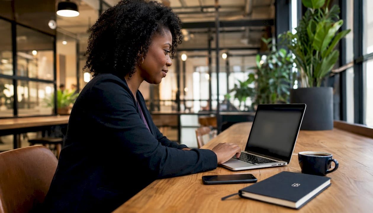 Woman reviewing LinkedIn marketing tools on laptop