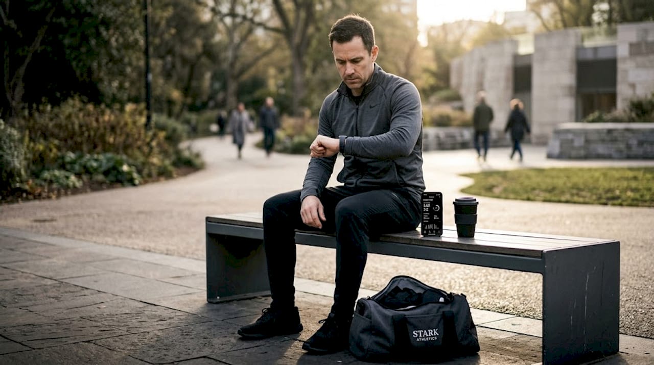 Man syncing wearable device with fitness app outdoors