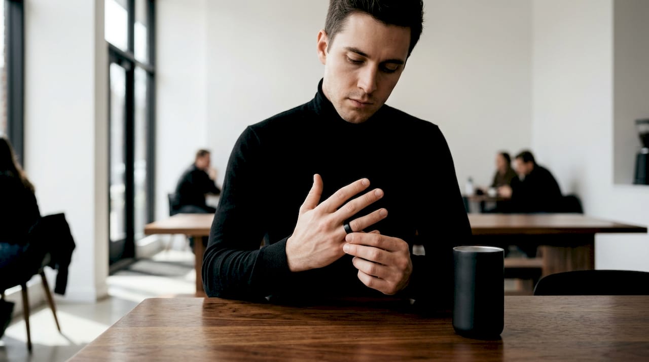 Man adjusting smart ring on park bench