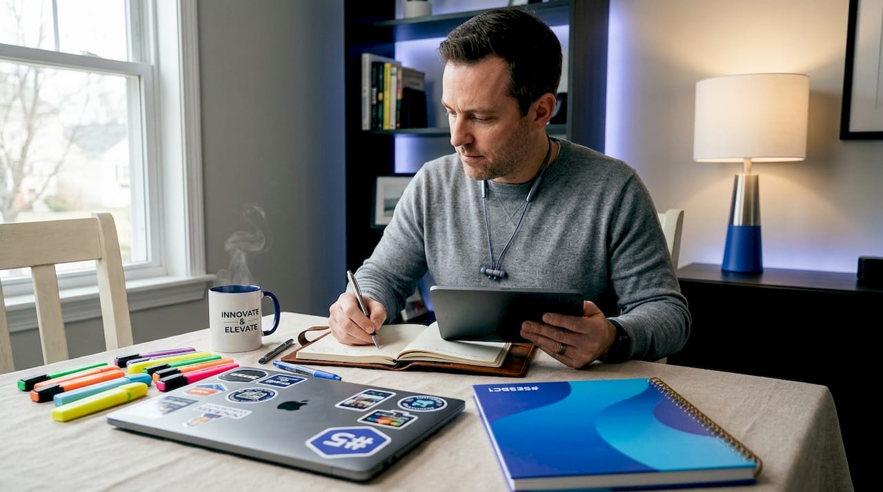 Businessman reviewing digital tools at kitchen table