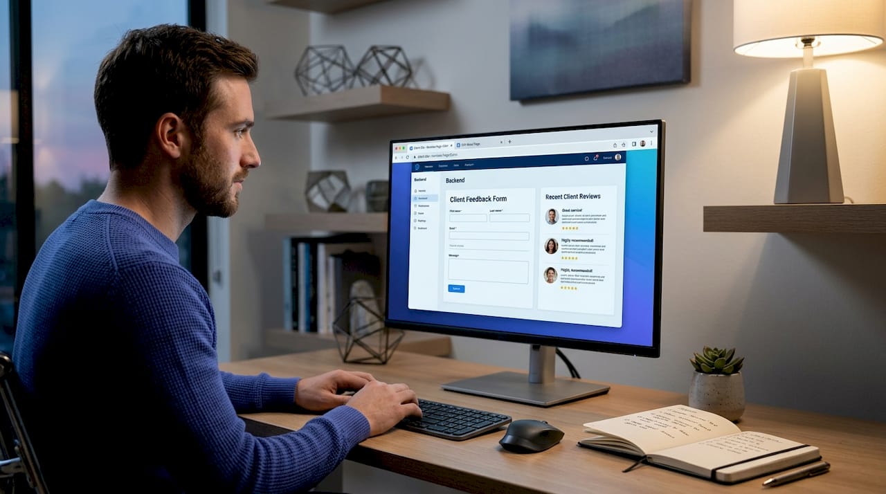 Designer updating website trust pages at desk