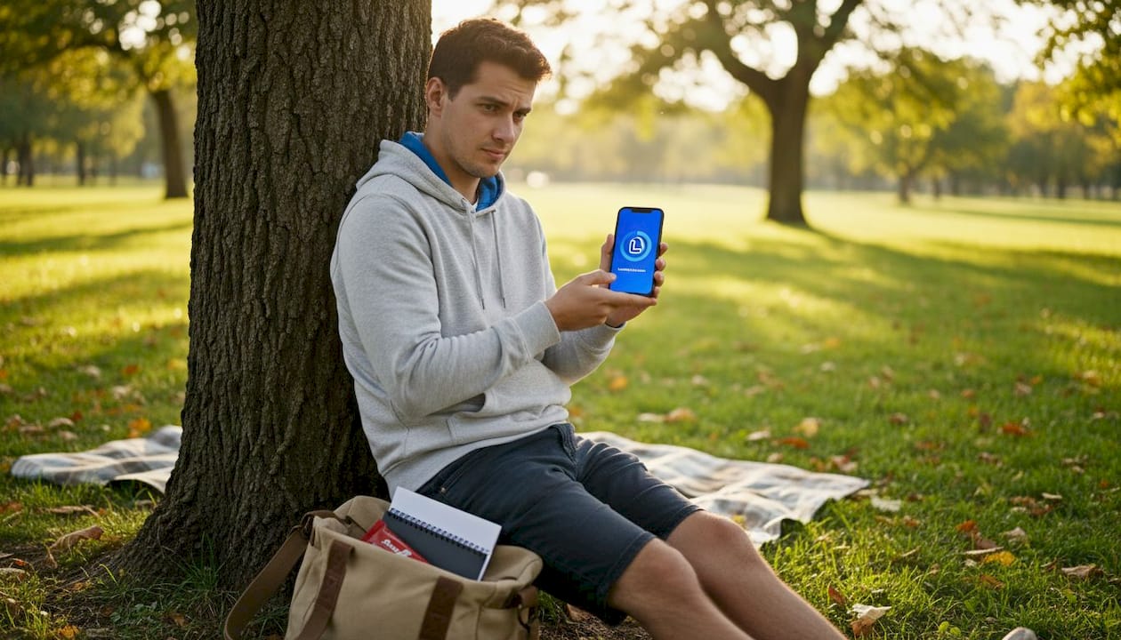 User waiting for website to load on mobile in park