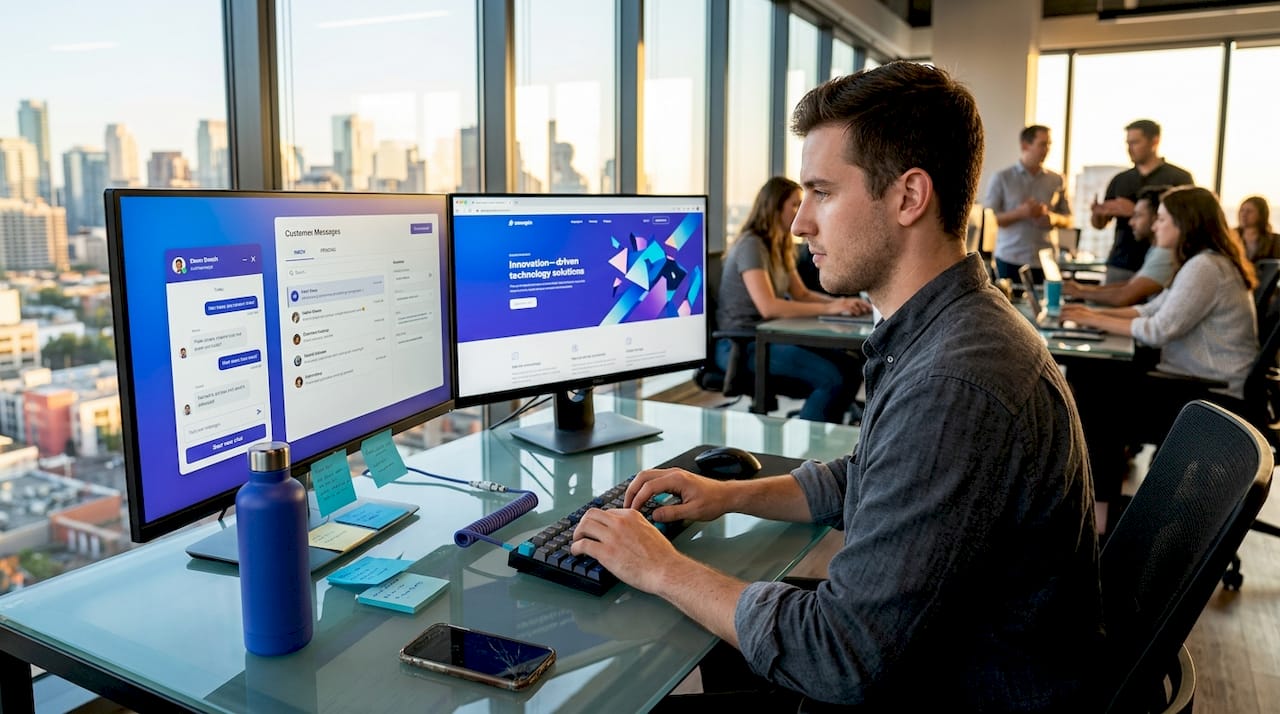 Man answering customer chat in coworking office