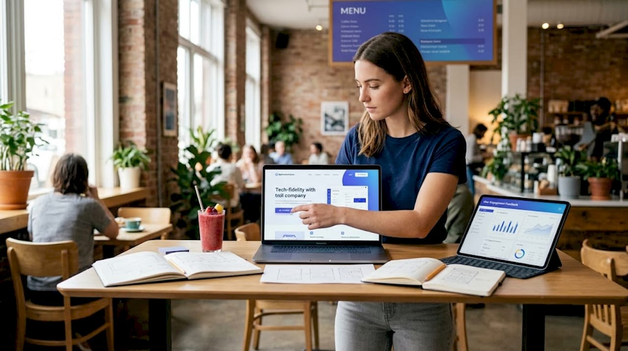 Web designer testing button colors on desktop