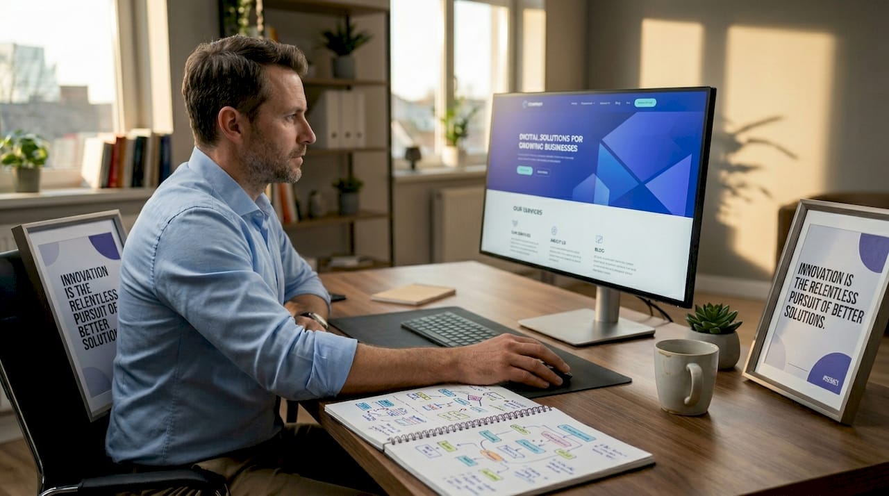 Manager reviewing existing business website at desk