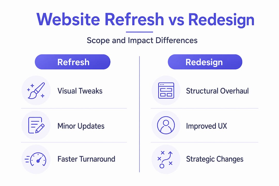 Infographic comparing website refresh and redesign