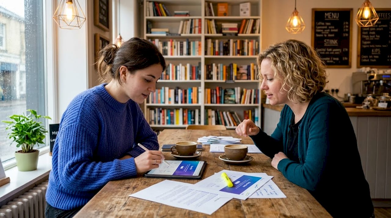Two people reviewing business homepage in cafe