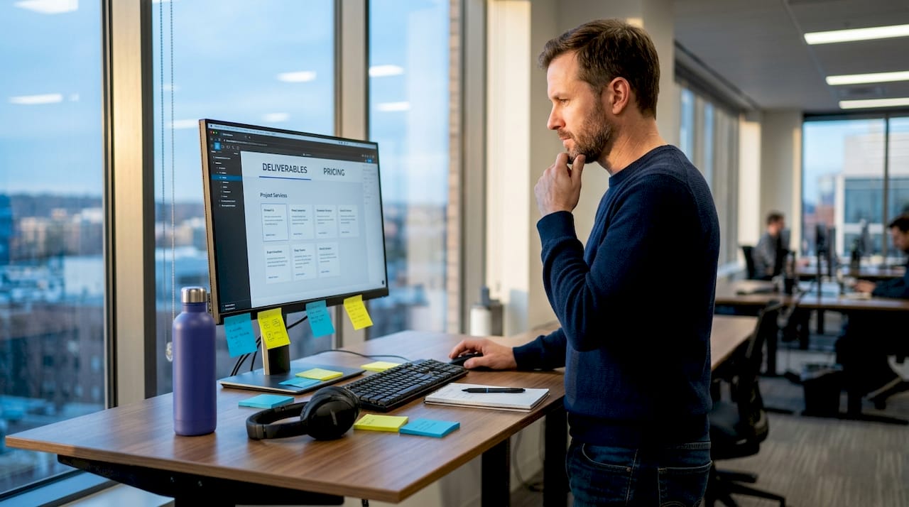 Designer testing service menu navigation at desk