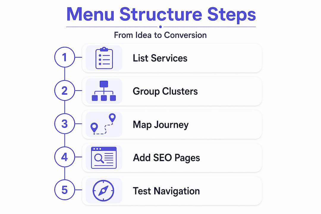 Infographic showing five steps to menu structure