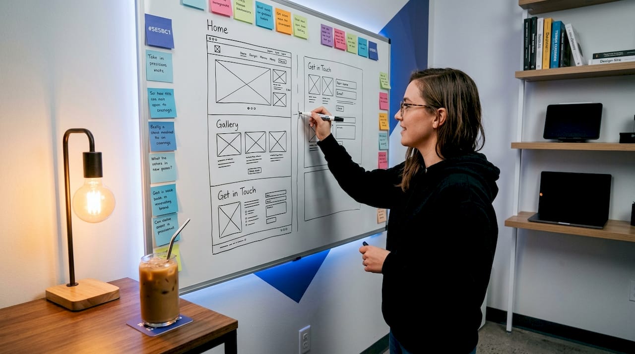Website designer sketches single-page site layout