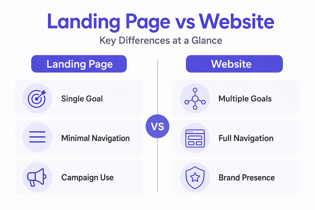 Split infographic comparing landing pages and websites