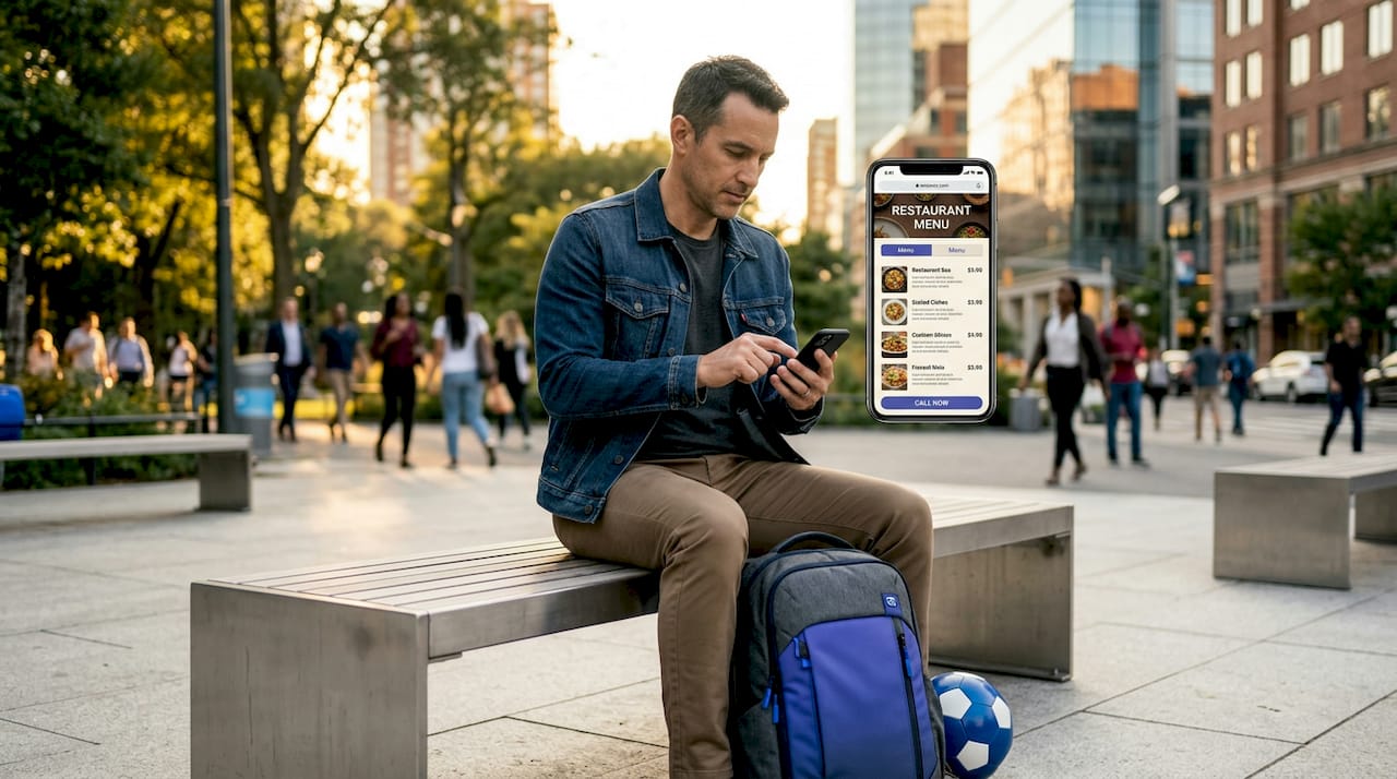 Man scrolling restaurant site on phone in park