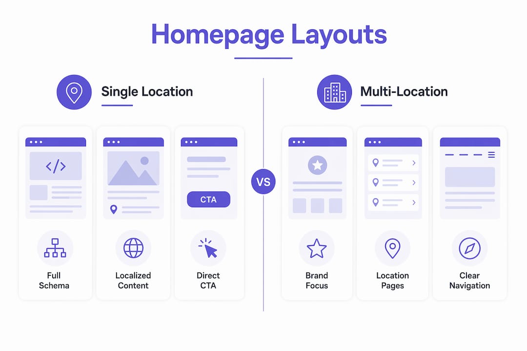 Infographic comparing single vs multi-location homepage layouts