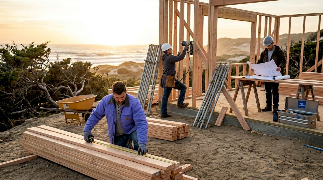 Construction crew framing house on site