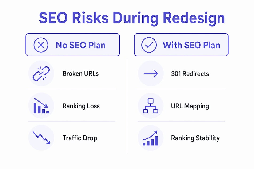 Infographic comparing SEO risks with and without a migration plan