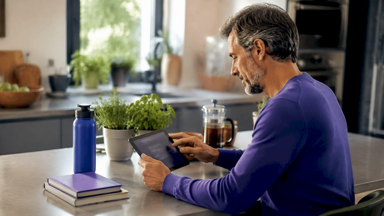 Man evaluating homepage user experience on tablet