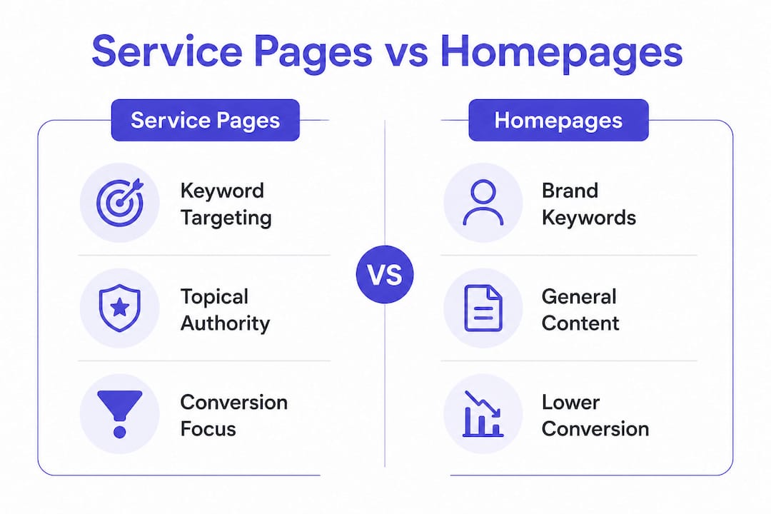Infographic comparing service pages and homepages SEO benefits