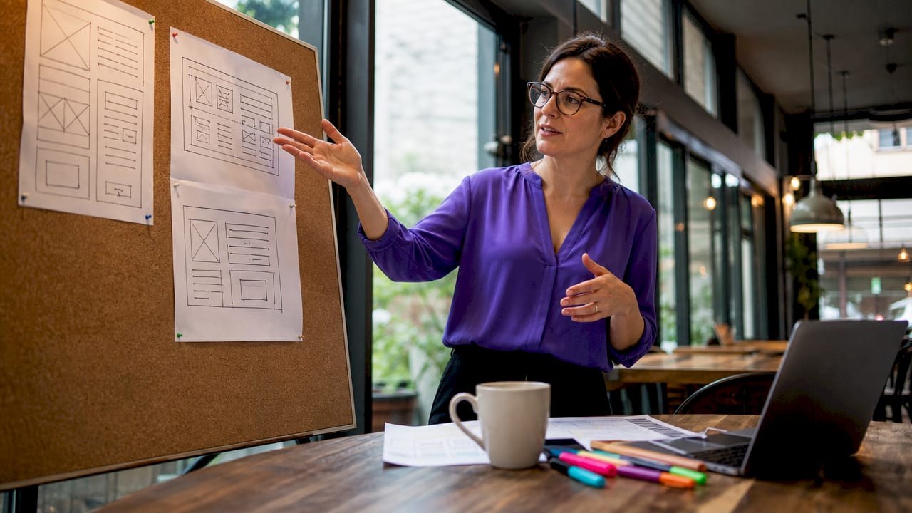 UX designer explaining messaging vs design on whiteboard