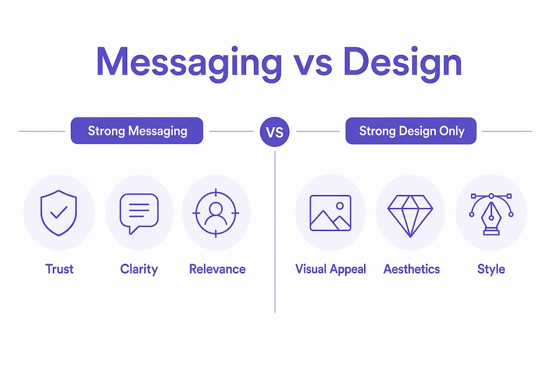 Infographic comparing messaging and design effects on conversion
