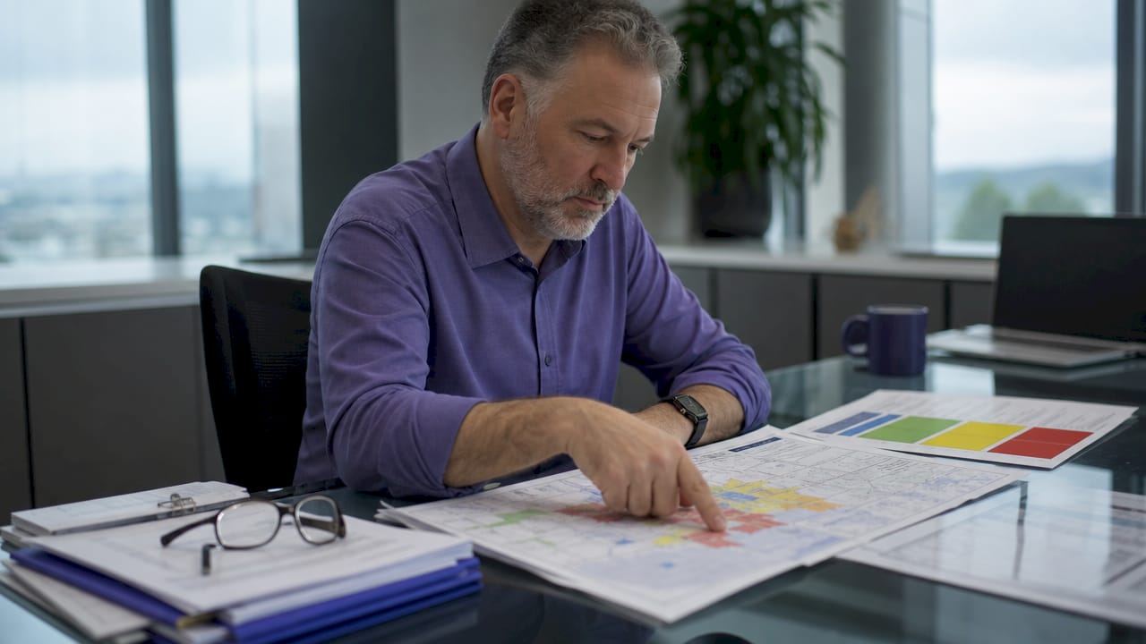 Man reviewing emergency tier warning maps in office