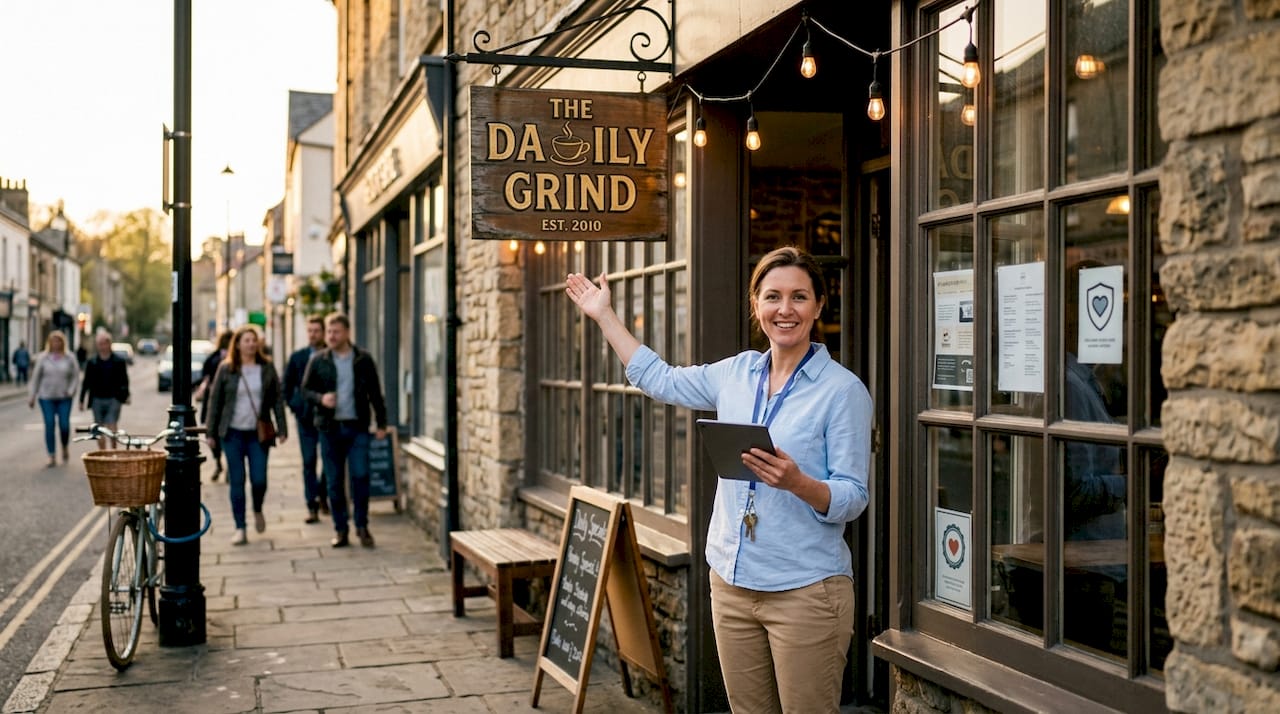 Store manager with tablet outside local business