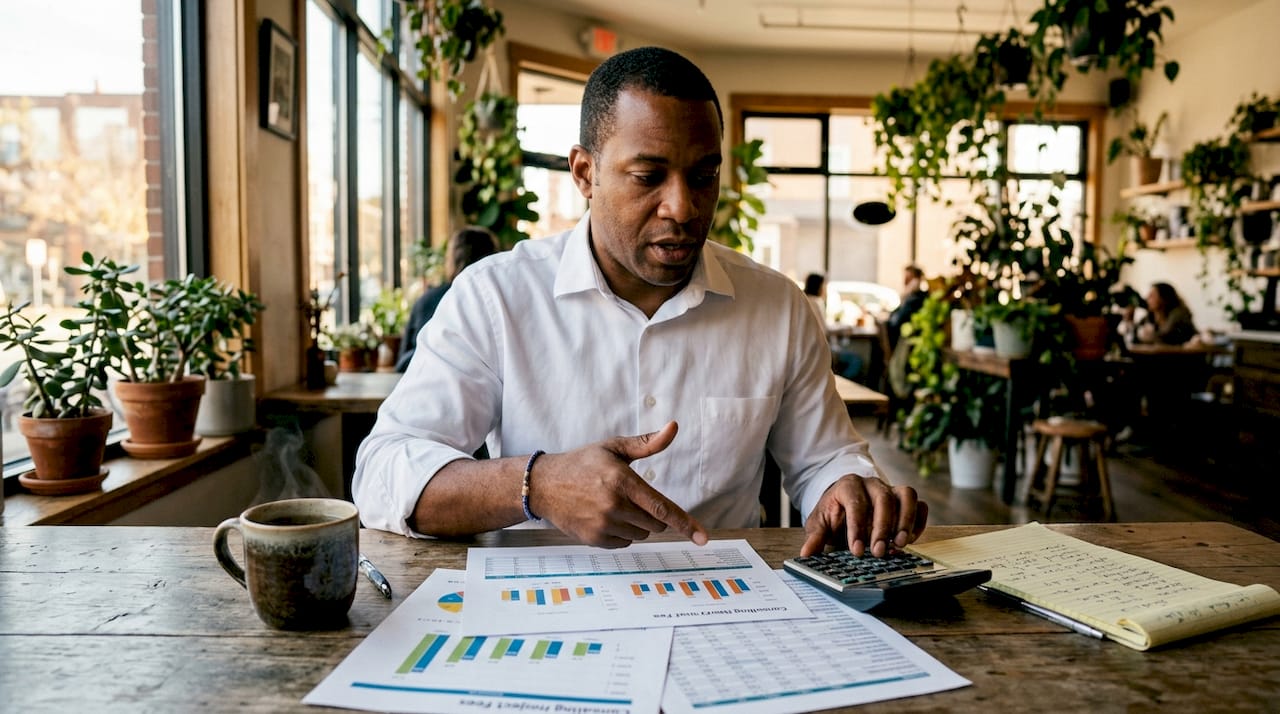 Hands calculating consulting fees on spreadsheets with calculator