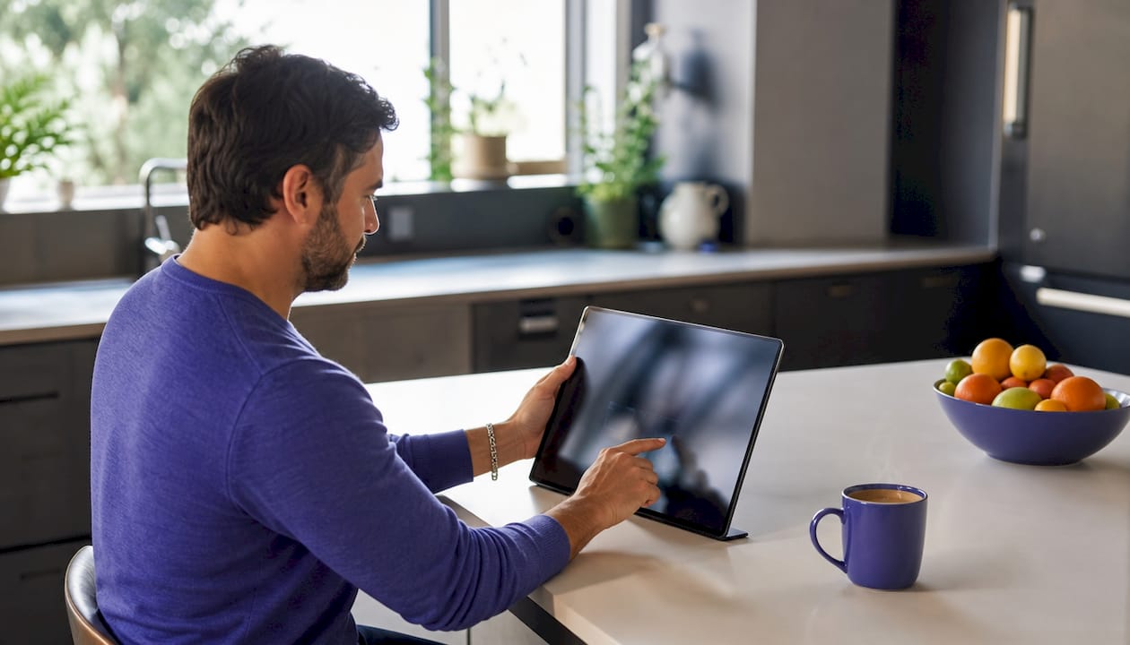 Hands sliding interactive before-after control on tablet