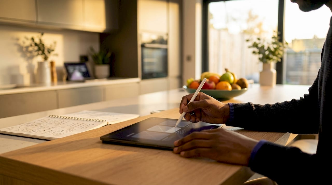 Web designer’s hands typing at standing desk workspace
