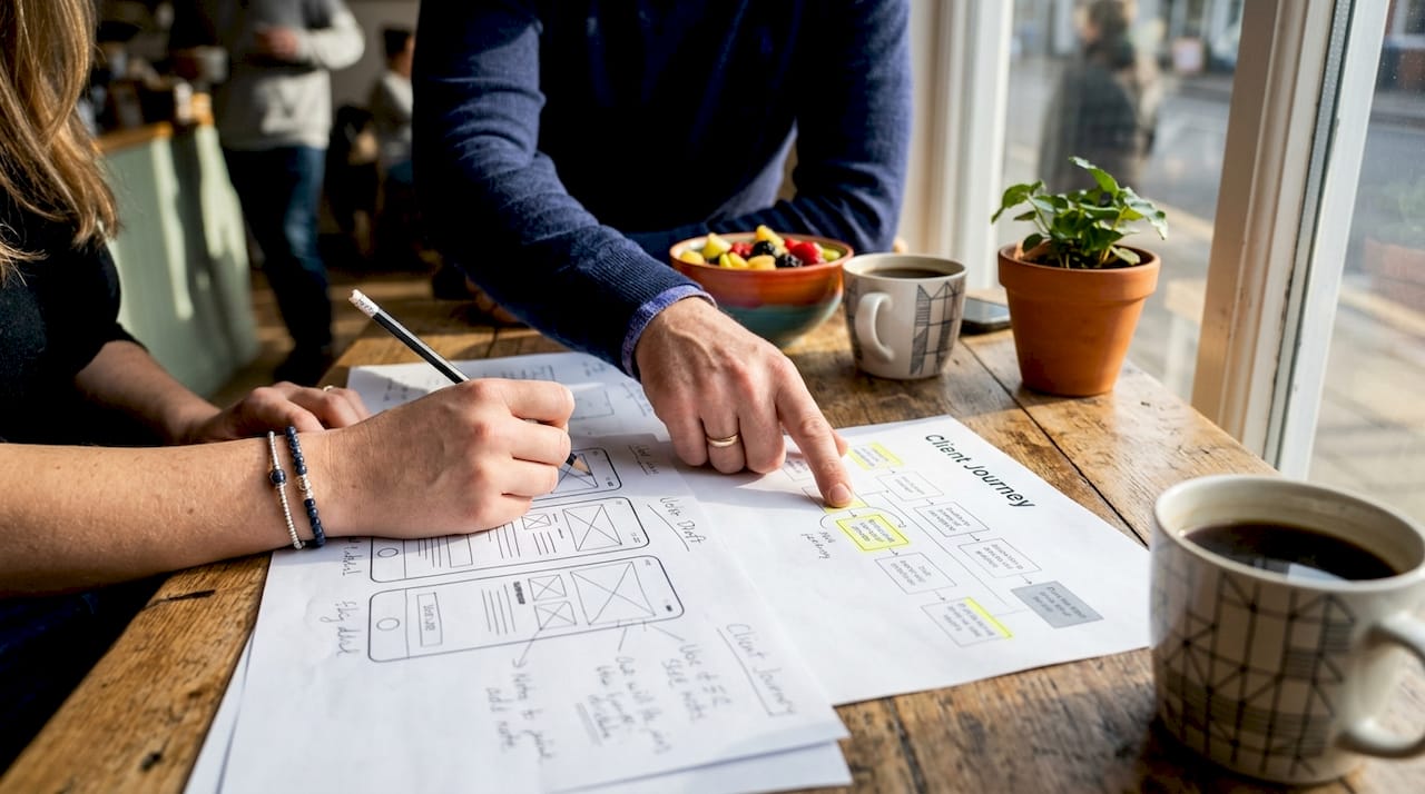 Hands discussing web design wireframes on desk