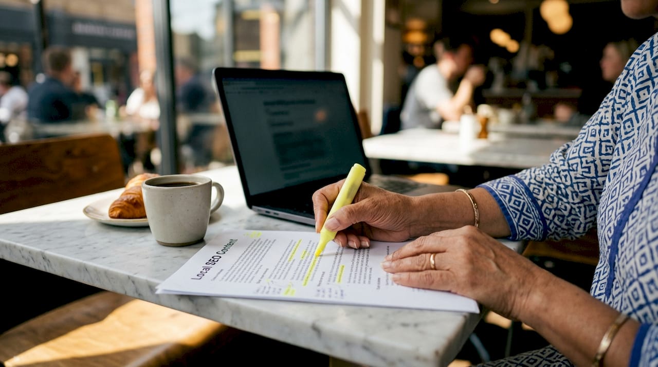 Hands marking local SEO content on paper