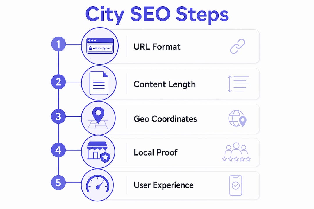 Infographic outlining steps to optimize city-specific landing pages